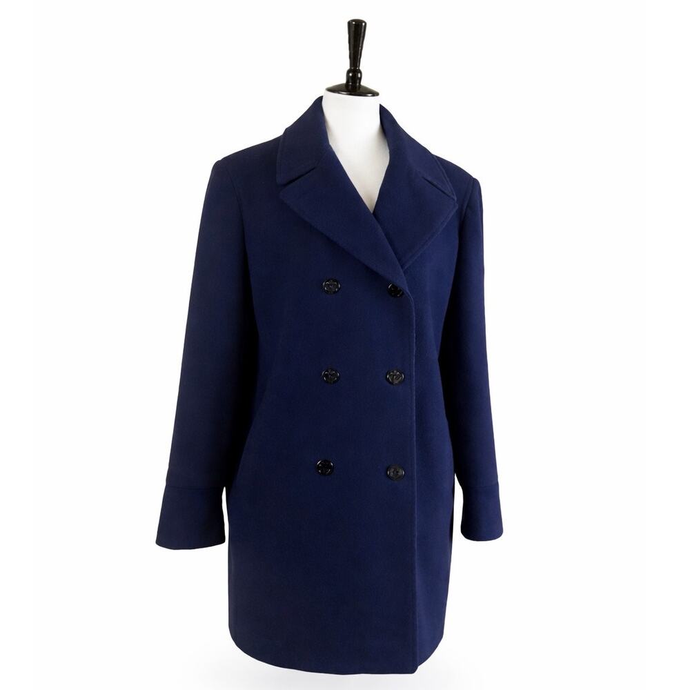 Panache Etc Navy Wool Blend Double Breasted Pea Coat Size Large Heavy Winter